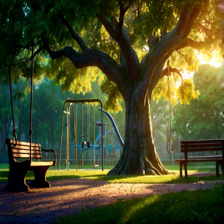 Wooden swing under a big tree in a park at sunset.の写真素材