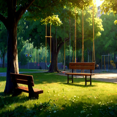 Wooden swing in the park on a summer evening. Beautiful landscape.の写真素材