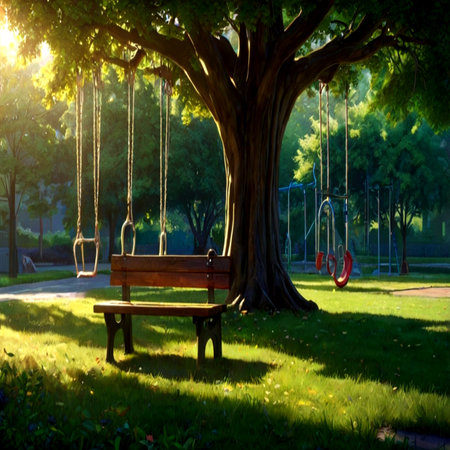 Wooden swing under the big tree in the park at sunset.の写真素材
