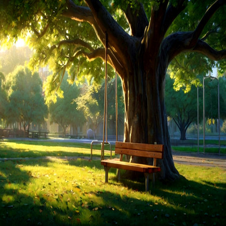 Wooden swing in the park at sunset with sun rays shining through the treeの写真素材