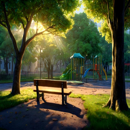 Sunset in the park with bench and playground equipment. Beautiful summer landscape.の写真素材