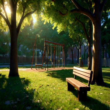 Wooden swing and bench in the park in the evening, eveningの写真素材