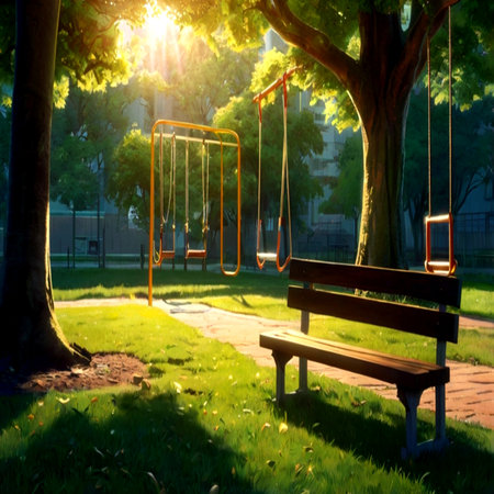 Wooden swing and bench in the park at sunset. Summer eveningの写真素材