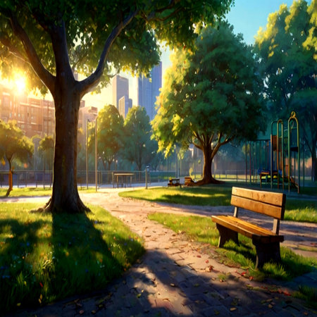 Sunset in the park with benches and trees in the city.の写真素材