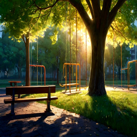 Wooden swing under a tree in the park at sunset, 3d renderの写真素材