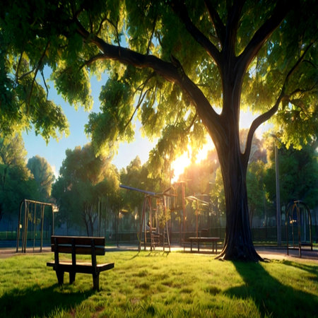 Sunset in the park with an old tree, benches and swingsの写真素材