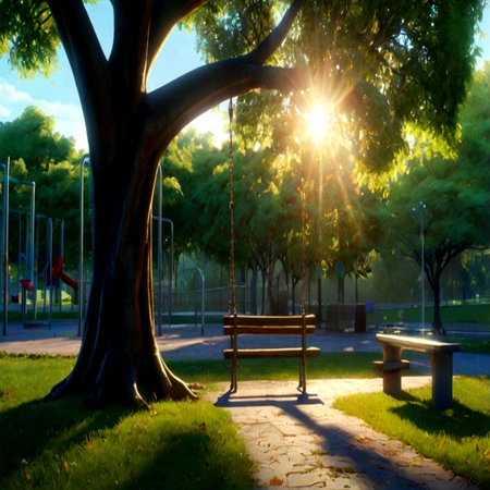 Sunset in the park with a bench and swing. Beautiful summer landscape.の写真素材