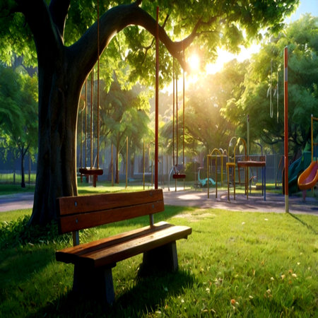Wooden swing in the park at sunset with sunbeams.の写真素材