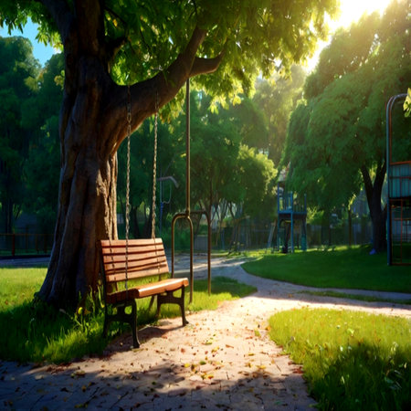 Bench under the tree in the park at sunset. Summer landscape.の写真素材