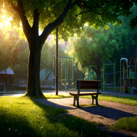 Sunset in the park with a bench and a swing in the foregroundの写真素材