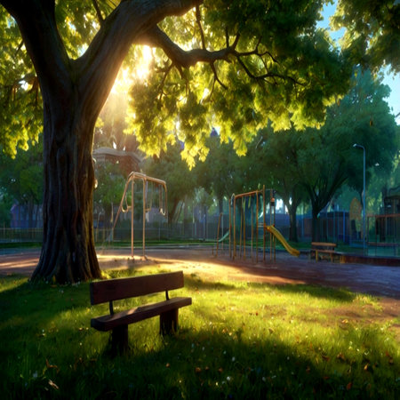 Sunset in the park with a bench, trees and green grassの写真素材