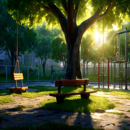 Wooden bench and swing in the park in the morning light.の写真素材