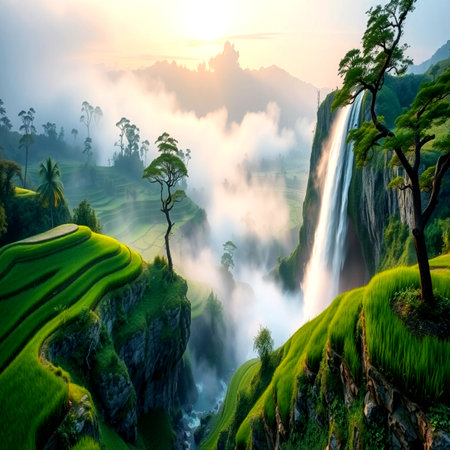 Terraced rice field with waterfalls at sunrise, Bali, Indonesia