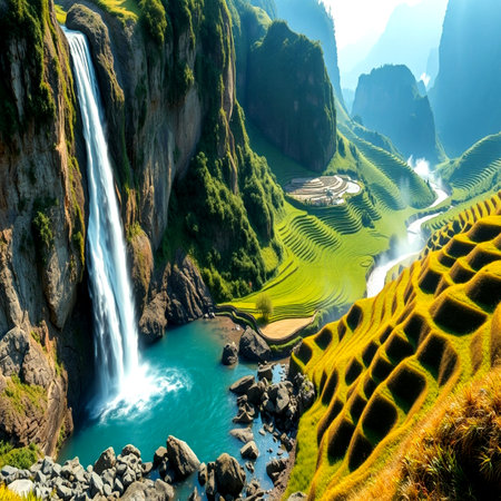 Terraced rice field with waterfalls in Yunnan, Chinaの写真素材