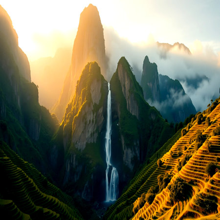 Terraced rice field with waterfalls at sunset in China.の写真素材
