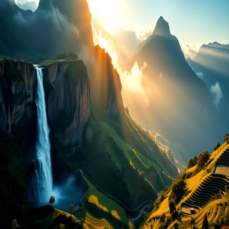 Beautiful waterfall in the mountains at sunset, Sapa, Vietnamの写真素材