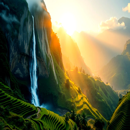 Terraced rice field with waterfalls in Guilin, Chinaの写真素材