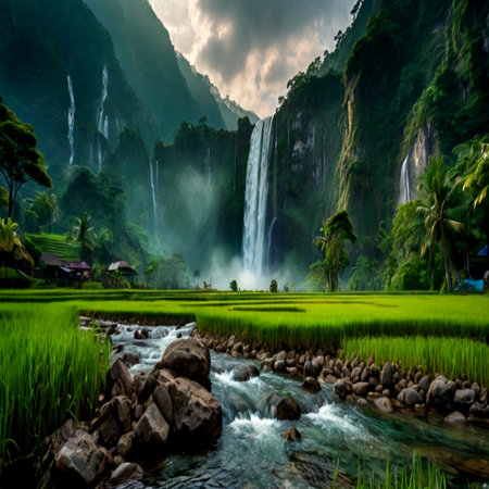 Terraced rice field in Bali, Indonesia. Waterfall in the mountains.の写真素材