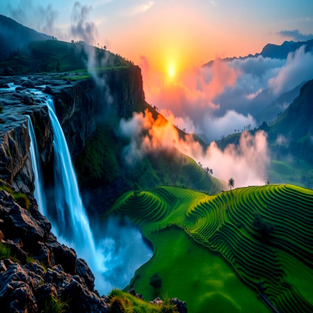 Beautiful sunrise over the rice terraces