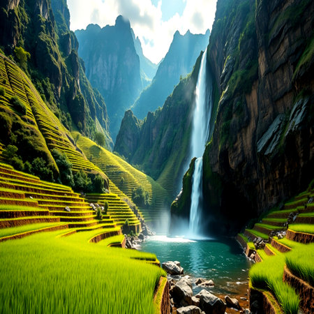 Terraced rice field and waterfalls in Yunnan, Chinaの写真素材
