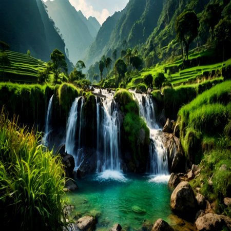 Terraced rice field and waterfalls in Sapa, Vietnamの写真素材
