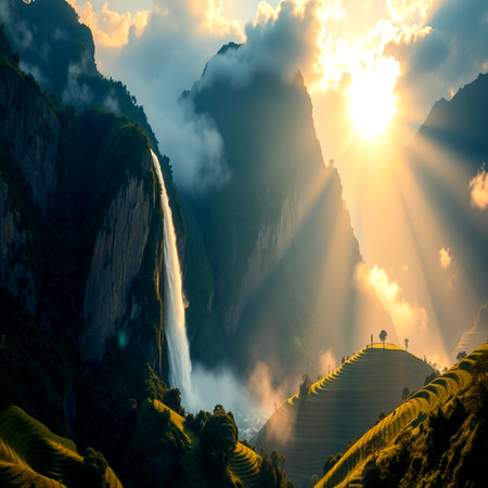 Mountain landscape at sunset with sun rays and mist in Huangshan, Chinaの写真素材