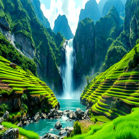 Terraced rice field with waterfalls in Vietnam, Asia.の写真素材