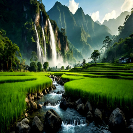 Terraced rice field with waterfallsの写真素材