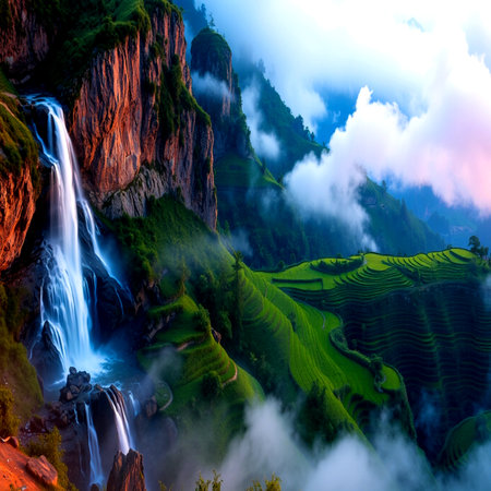 Rice terraces and waterfalls in Sapa, Vietnam.の写真素材