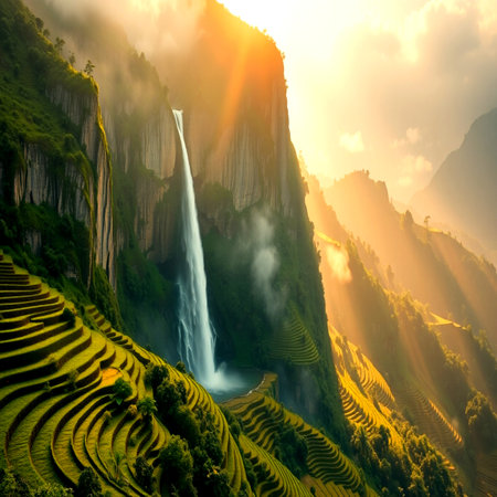 Waterfall and terraced rice fields.の写真素材