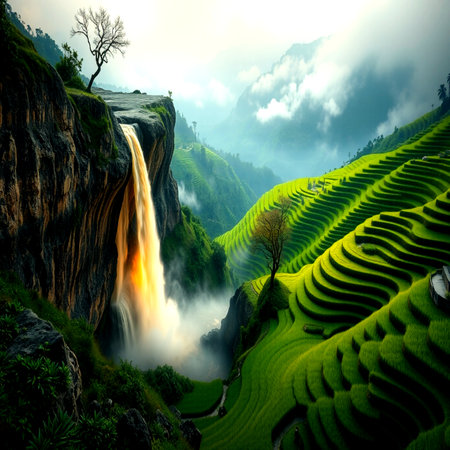 Terraced rice field with waterfall and tree in the morning.