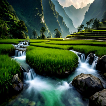 Terraced rice field in the valley of Bac Son, Vietnamの写真素材