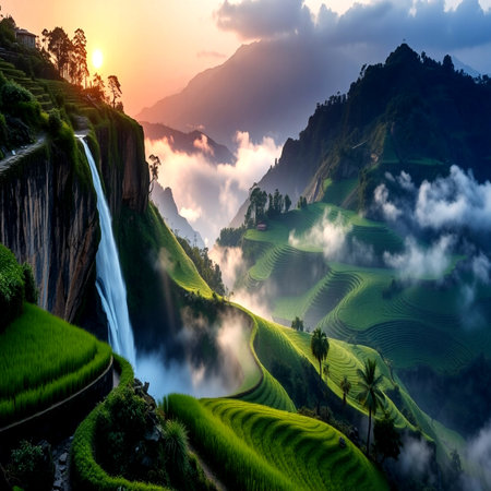 Terraced rice field at sunrise, Mu Cang Chai, Vietnamの写真素材