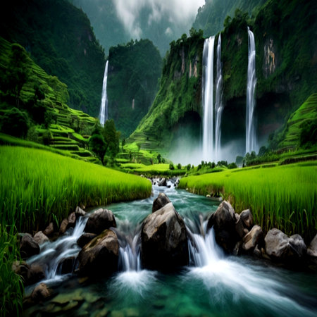 Waterfall in the rice terracesの写真素材