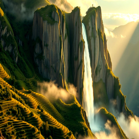 Beautiful waterfall in the mountains. Fantastic landscape. 3d rendering
