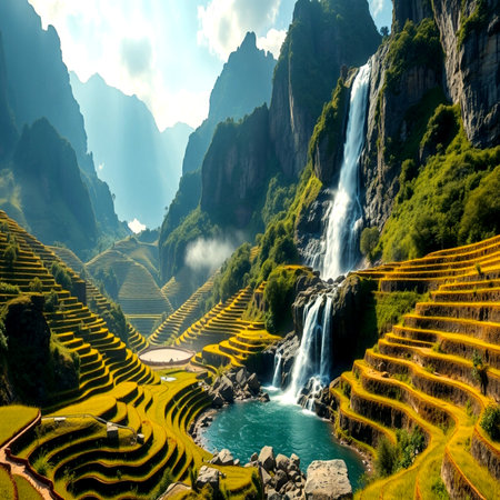 Rice terraces with waterfalls in Yunnan, China.