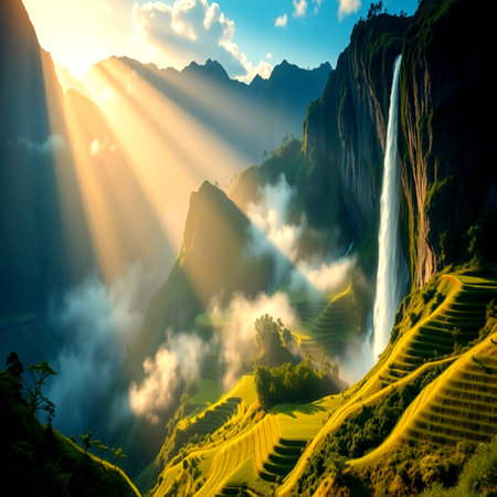 Terraced rice field with waterfalls at sunset in Sapa, Vietnamの写真素材
