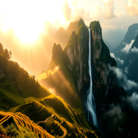 Beautiful sunset over the rice terraces in Huangshan, China