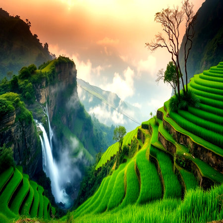 Terraced rice field with waterfalls at sunset in Vietnam.の写真素材