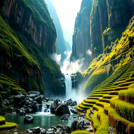 Terraced rice field and waterfallsの写真素材