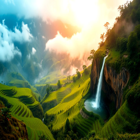 Waterfall in the rice terraces of Sapa, Vietnam.の写真素材