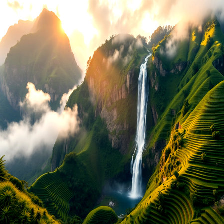 Terraced rice field with waterfalls at sunsetの写真素材