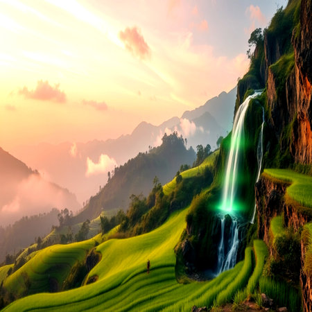 Waterfall in the rice terraces at sunset, Sapa, Vietnamの写真素材