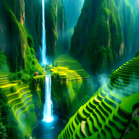 Terraced rice field in Hunan province, China. Long exposure photo.の写真素材