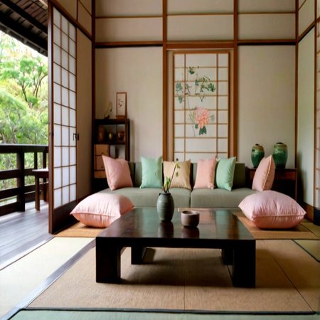 Japanese-style living room interior with sofa, pillows and tableの写真素材