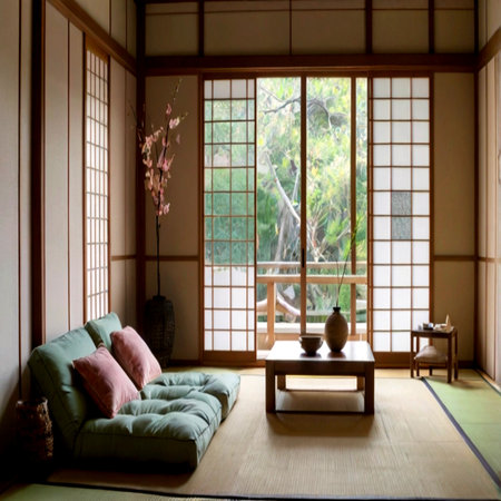 Sofa and pillows in the Japanese style room with a window viewの写真素材