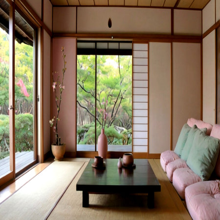 Japanese style living room with terrace and view of the garden.の写真素材