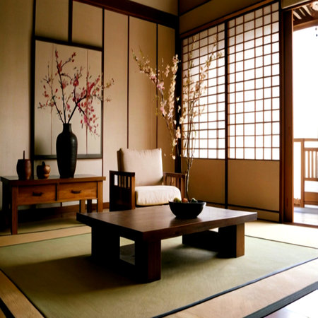 Japanese style living room with japanese style furniture and decoration.の写真素材