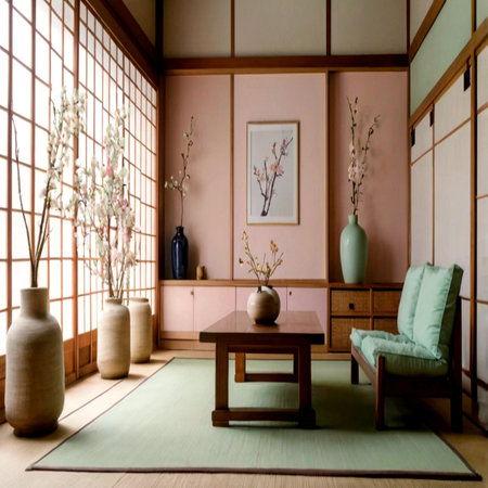 Japanese style living room with japanese style furniture and wall decorationの写真素材