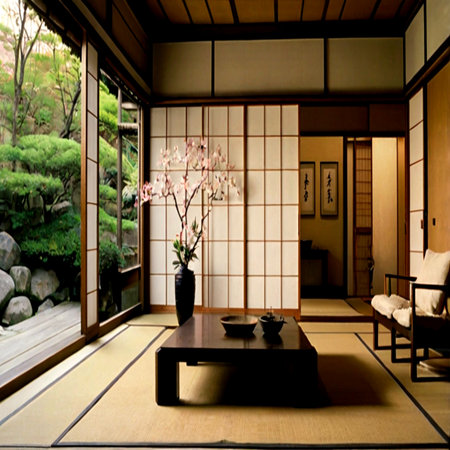 Japanese-style living room with a view of the garden and Japanese-style house.の写真素材